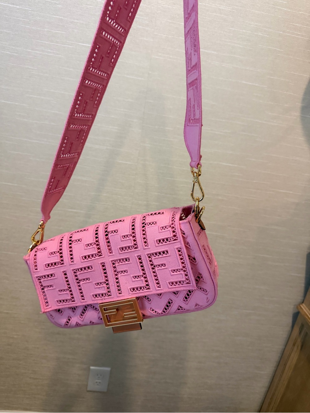 Designer inspired Pink FF Pattern Leather Shoulder Bag with Wide Strap - Picture 4 of 4